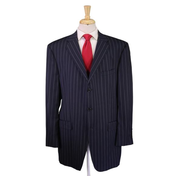McMahan's Sartorial Clothing Navy Blue Bold Chalkstripe Wool Suit 48L - Picture 1 of 10